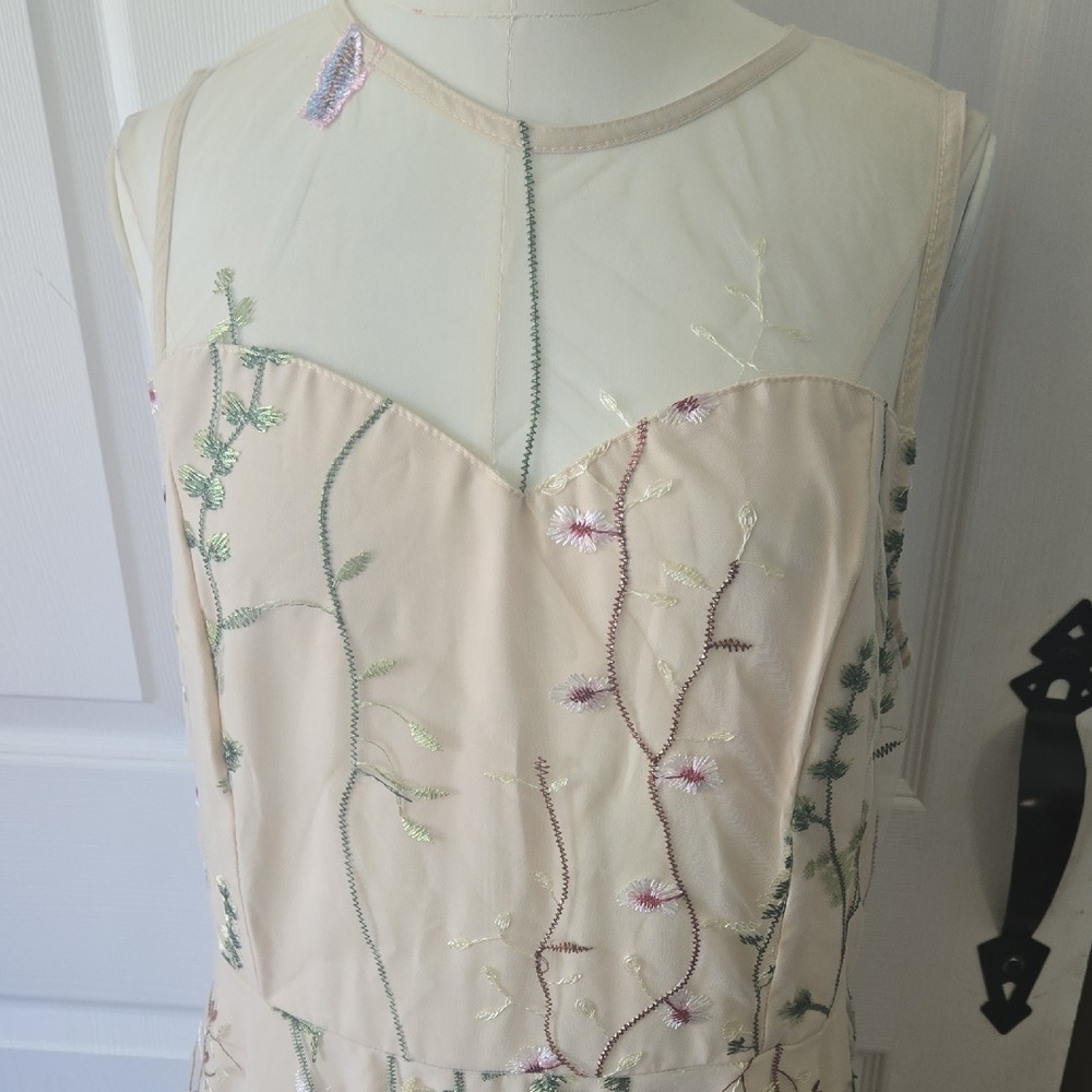 TYY Beige Floral Embroidered Mesh Midi Dress Sleeveless Illusion Neck XXL - Picture 2 of 9